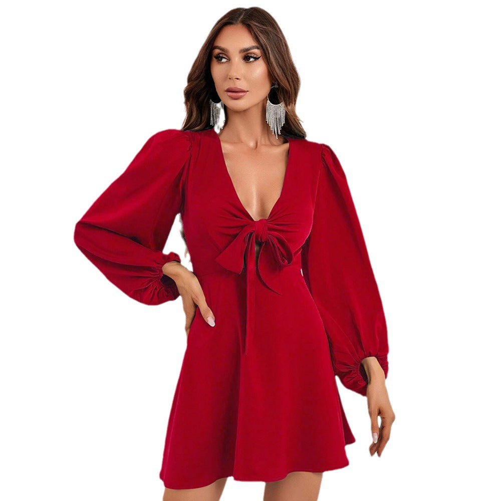 Damen Minikleid mit voluminösen Ärmel und verspieltem Knoten Drune