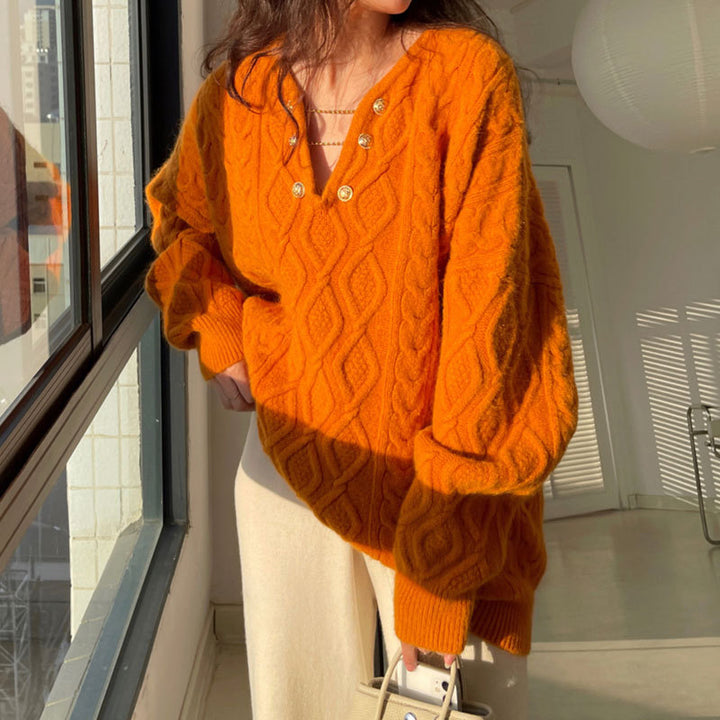 Damen Grobstrickpullover mit dekorativem Knopfverschluss und V-Ausschnitt Drune