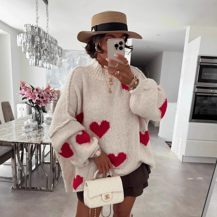 Damen modischer Oversized-Pullover mit herzförmigem Muster und voluminösen Ärmeln Drune
