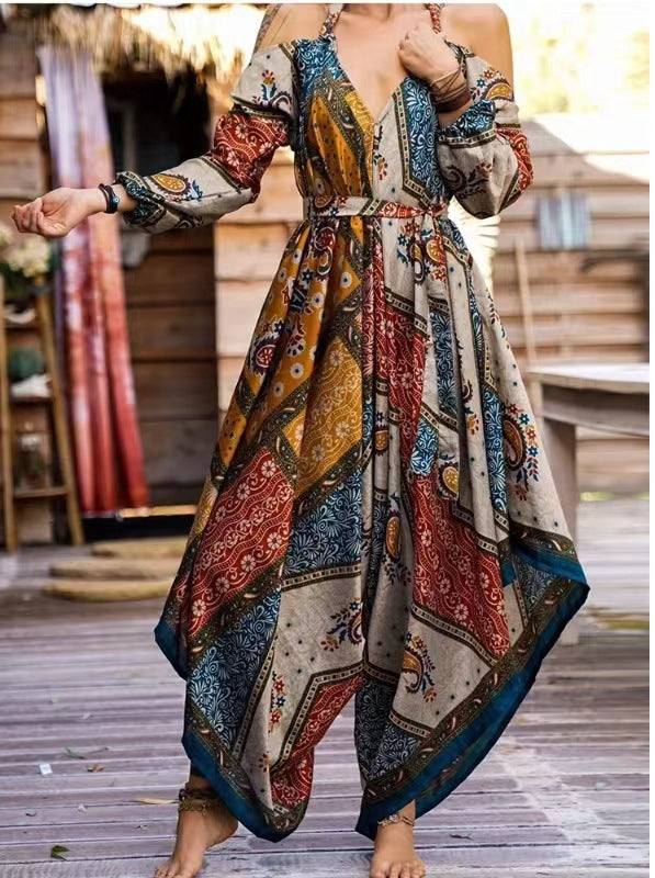 Damen Langes Wickelkleid mit verspieltem Muster und off-shoulder Design Drune
