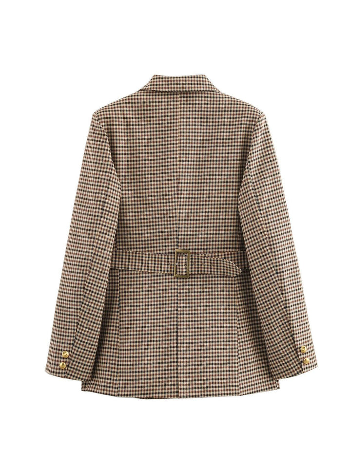 Damen karierten Blazer mit goldenen Knöpfen und praktischen Taschen Drune