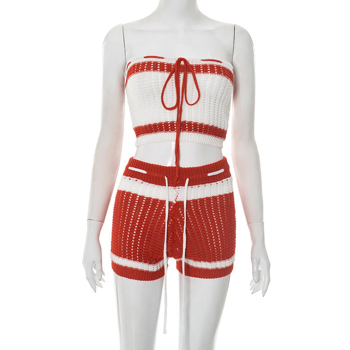 Damen Knitted Bandeau Set mit Shorts und verstellbarem Kordelzug Drune