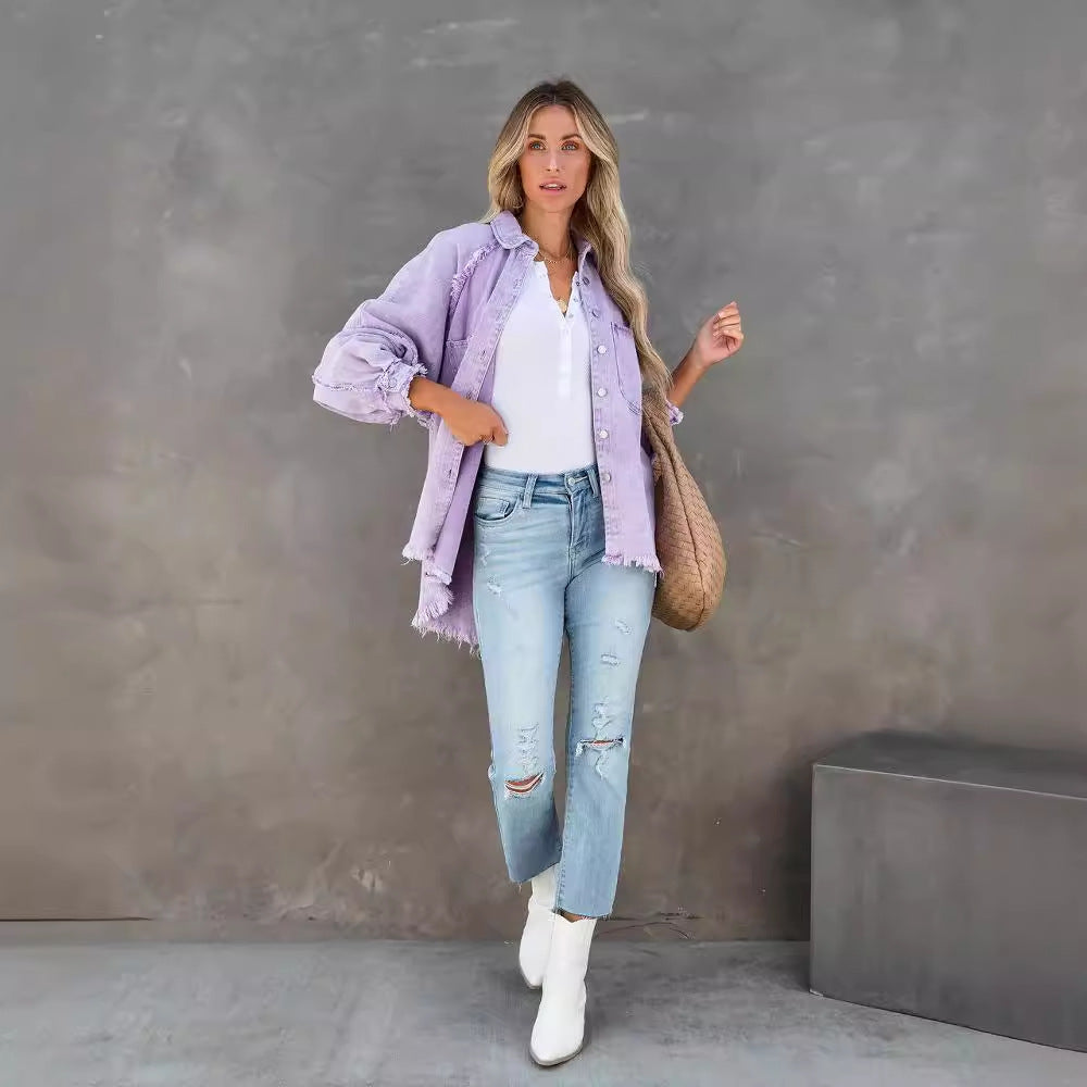 Damen Oversized Denim-Hemd mit Fransen Drune