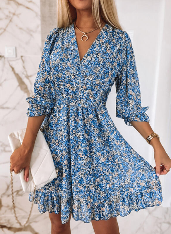 Damen Blümchen-Minikleid mit V-Ausschnitt und Rüschendetails Drune