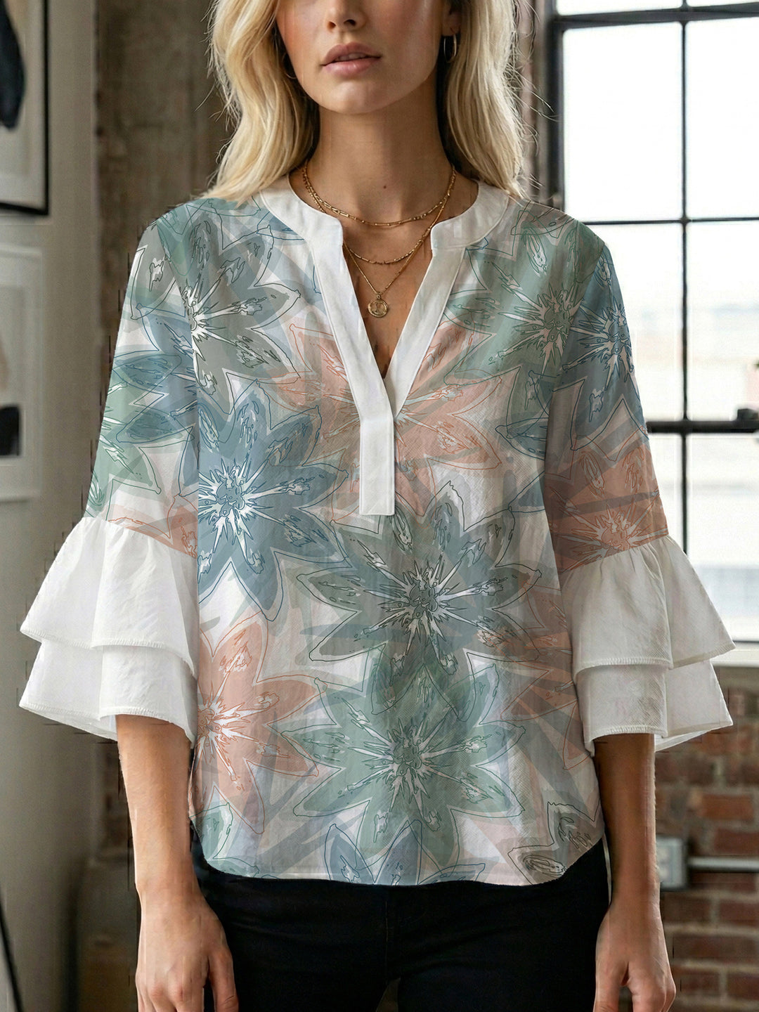 Damen elegantes Oberteil mit voluminösen Rüschensäumen und floralem Design Drune