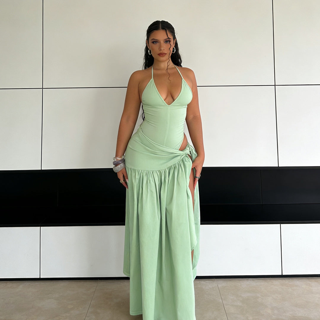 Damen Elegantes Bodenkleid mit Wickeldesign und Raffungen Drune