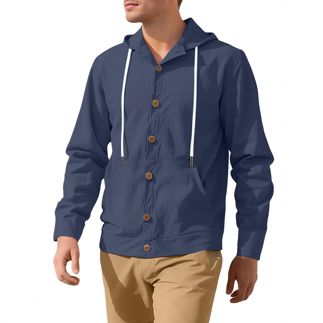 Herren nan leichte Kapuzenjacke mit Knopfleiste, Kängurutasche und Tunnelzug Drune