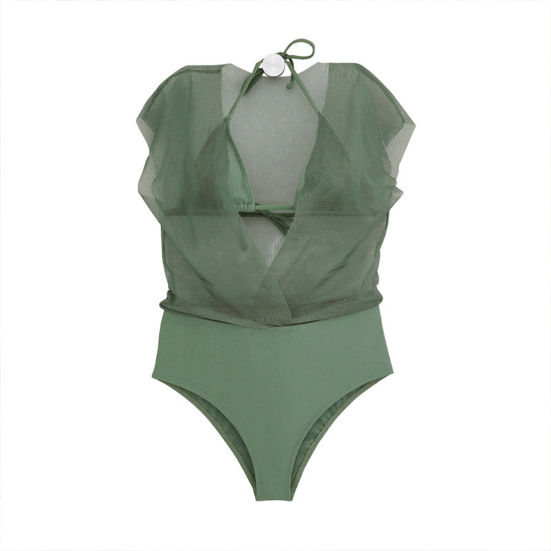 Damen Einteiliger Badeanzug mit transparentem Wickeldetail und femininen Puffärmeln Drune