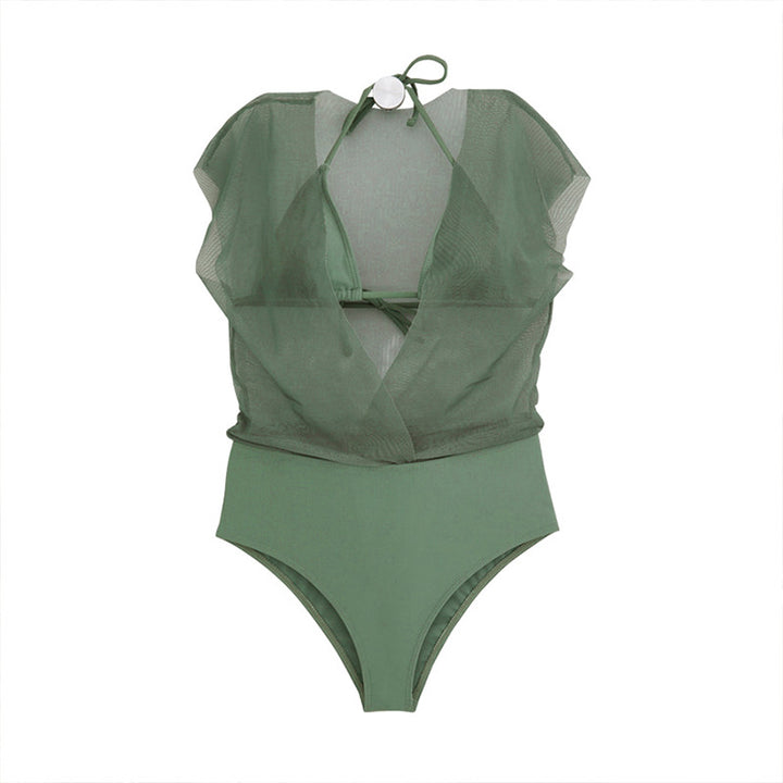 Damen Einteiliger Badeanzug mit transparentem Wickeldetail und femininen Puffärmeln Drune