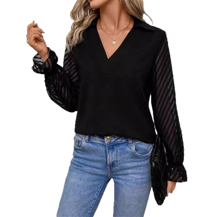 Damen Bluse mit transparenten Kräuselärmeln und V-Ausschnitt Drune