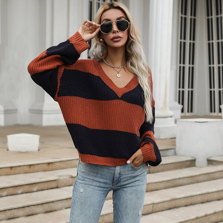 Damen Oversized Strickpullover mit V-Ausschnitt und Blockstreifen Drune