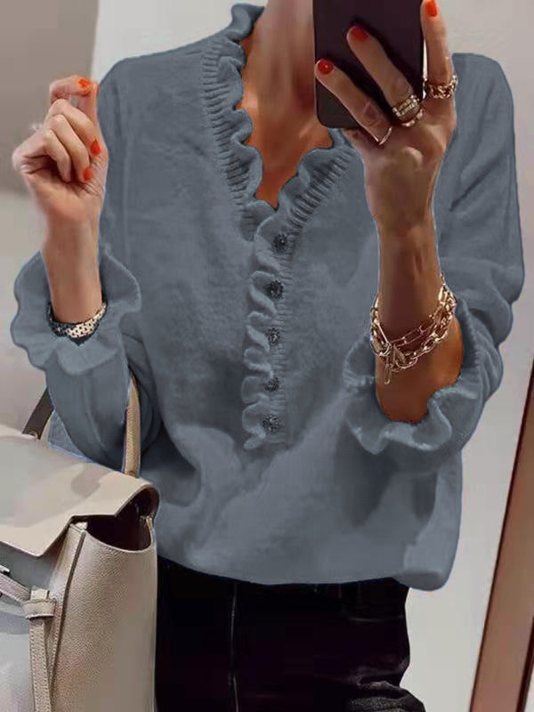 Damen Bluse mit fließendem Rüschendesign und Knopfleiste Drune