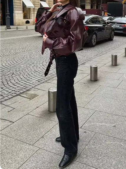 Damen Trendige Oversized-Lederjacke mit strukturierten Schulterpolstern und Taillengürtel Drune