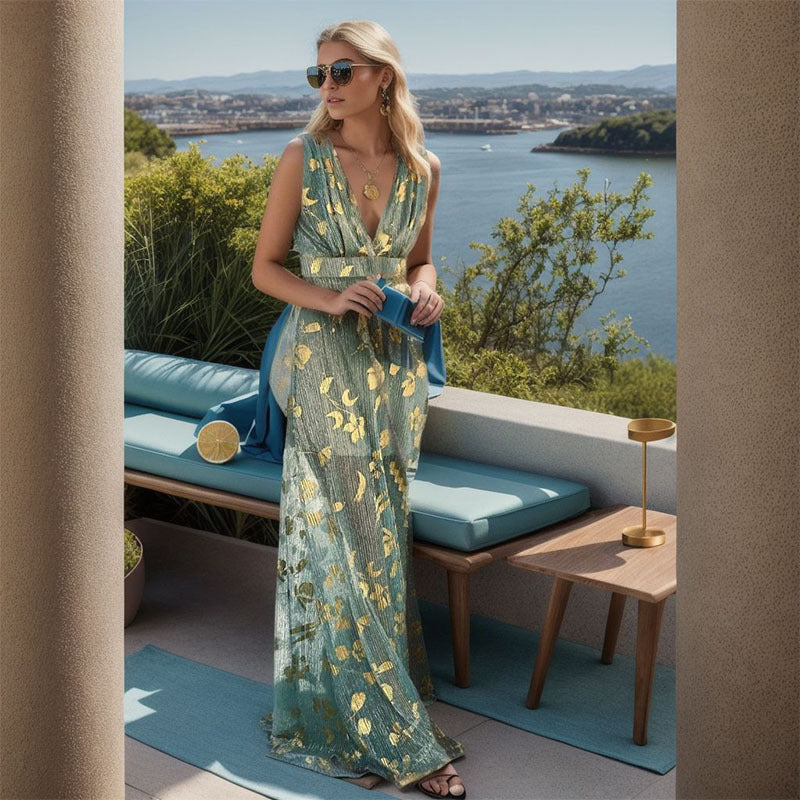 Damen Elegantes Maxi-Kleid mit filigranem Goldmuster und V-Ausschnitt Drune