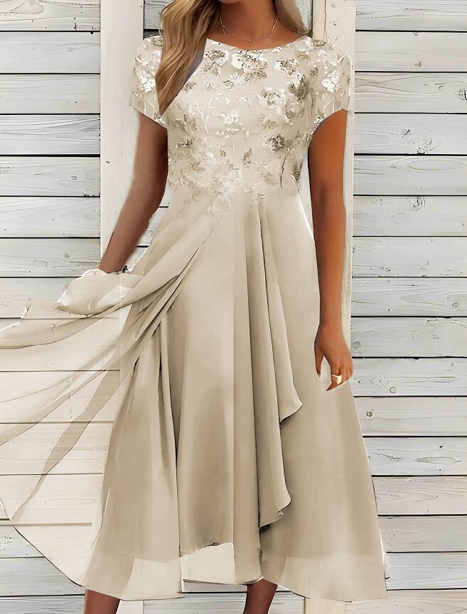 Damen nan fließendes Chiffon-Midikleid mit blumenbesticktem Oberteil und asymmetrischem Stufenrock Drune