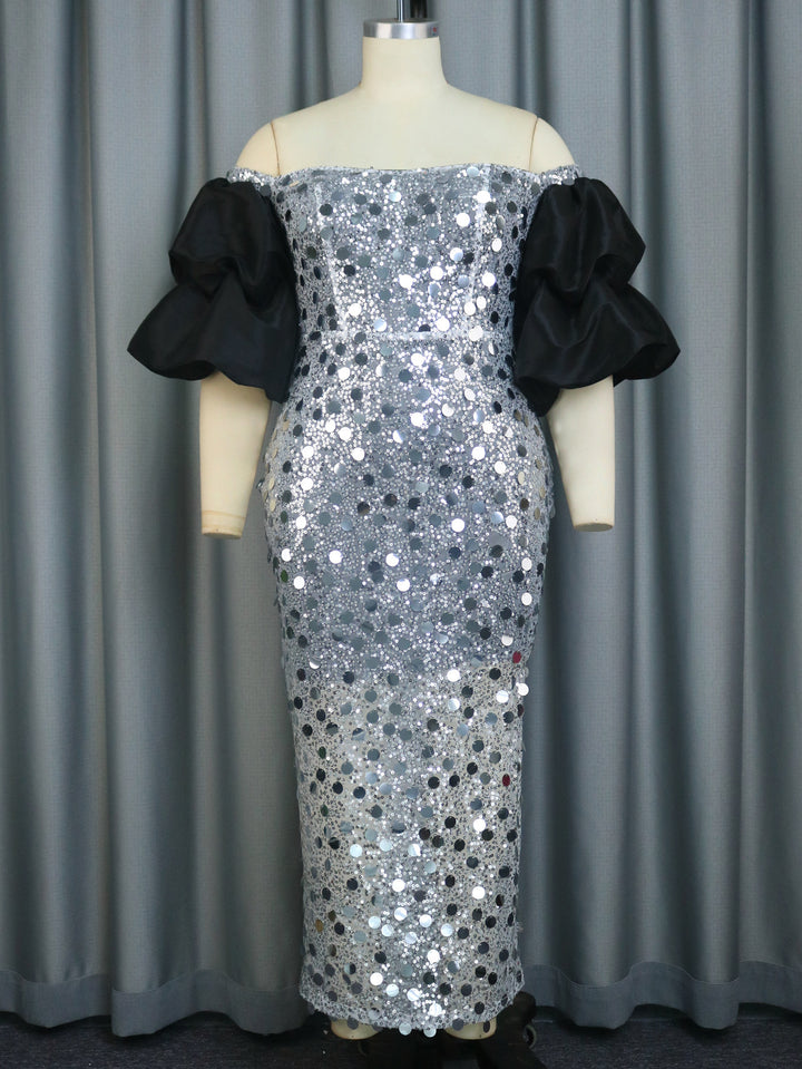Damen Glitzerndes Abendkleid mit voluminösen Puffärmeln Drune