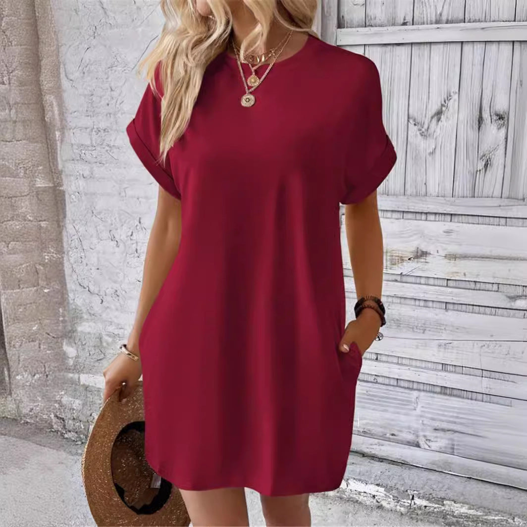 Damen lässiges Kurzarm-Dress mit Seitentaschen Drune