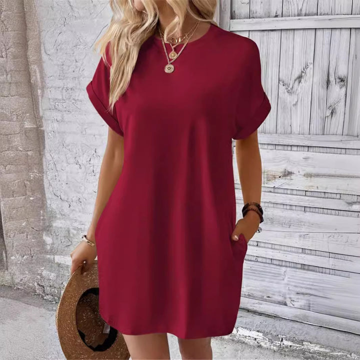 Damen lässiges Kurzarm-Dress mit Seitentaschen Drune