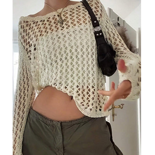 Damen luftiges Häkeloberteil mit weitem Schnitt und transparentem Design Drune