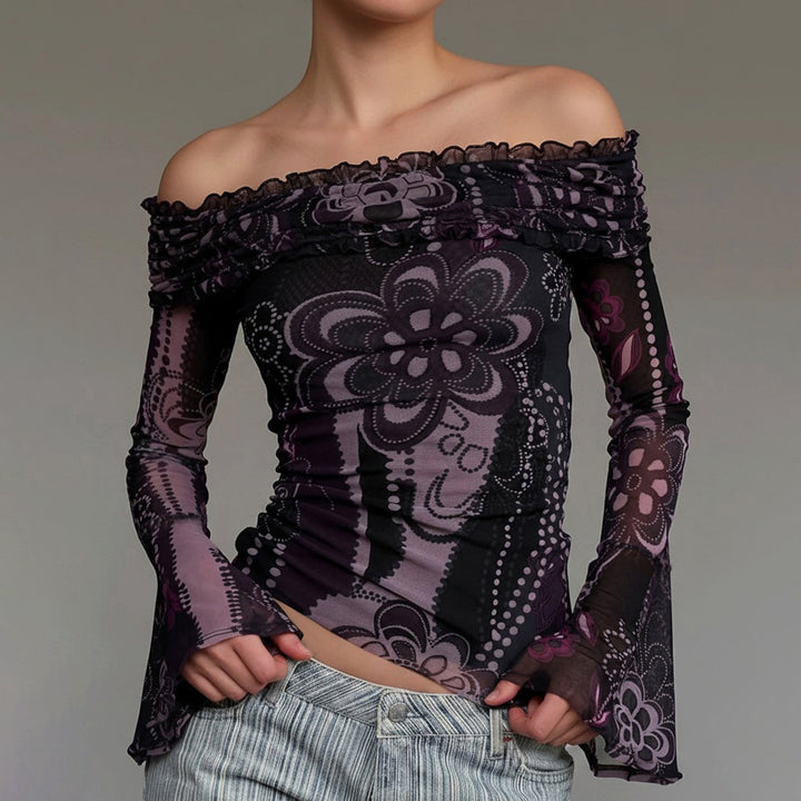 Damen Off-Shoulder Bluse mit eleganten Rüschendetails und weiten Ärmeln Drune