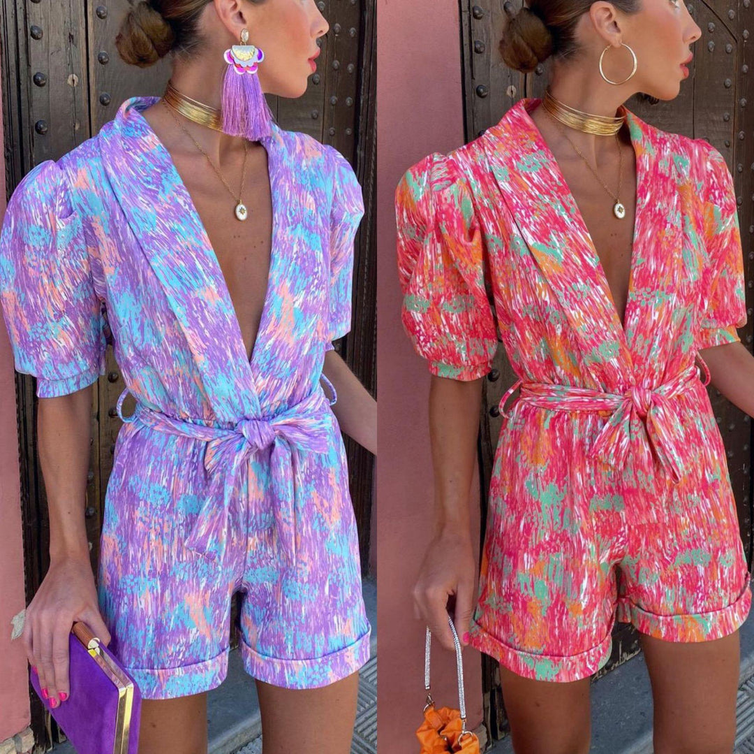 Damen modischer Jumpsuit mit modernen Puffärmeln und buntem Grafikdesign Drune