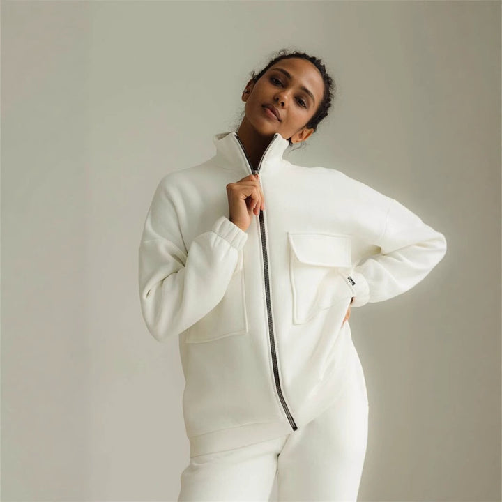 Damen sportlicher Fleece-Kapuzenpullover mit Reißverschluss und praktischen Taschen Drune