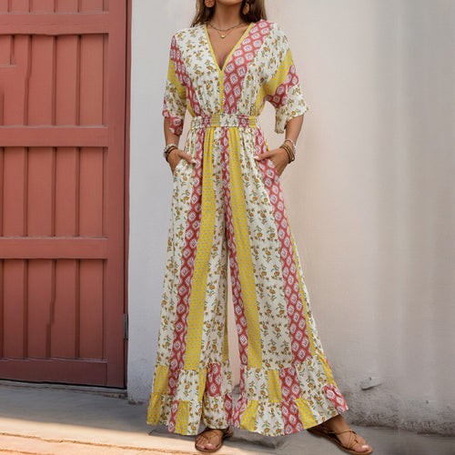Damen lässiger Jumpsuit mit floralem Muster und weiten Beinen Drune
