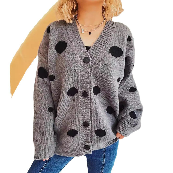 Damen lässige Strickjacke mit modernen Punkten und voluminösen Ärmeln Drune