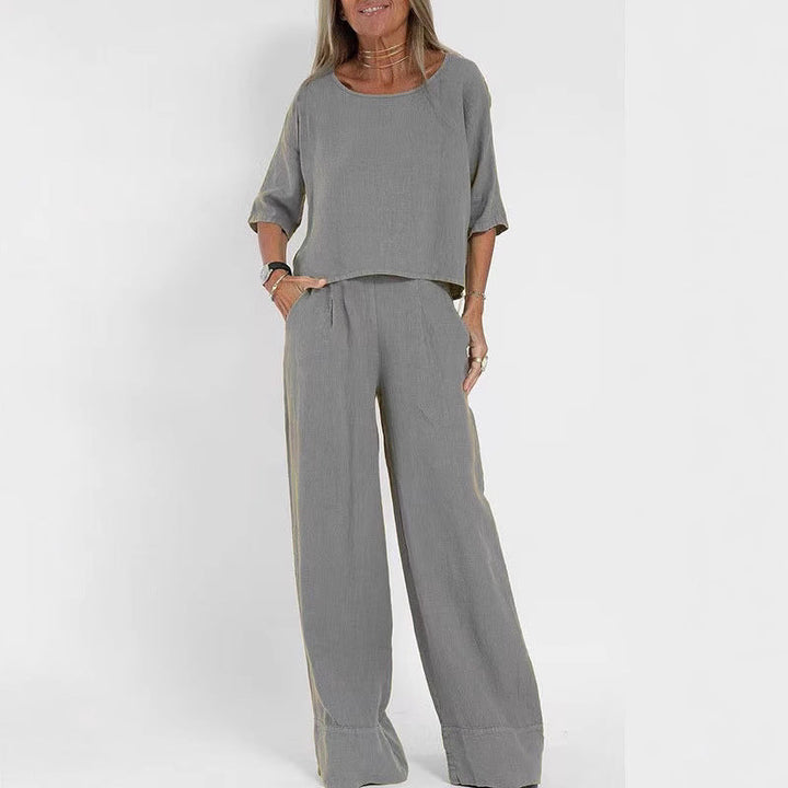 Damen luftiges Leinen-Ensemble mit weitem Schnitt und praktischen Taschen Drune