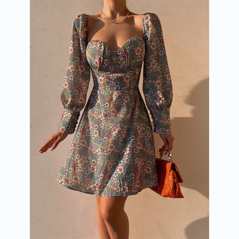 Damen Puffärmel Kleid mit romantischem Blumenmuster und herzförmigem Ausschnitt Drune