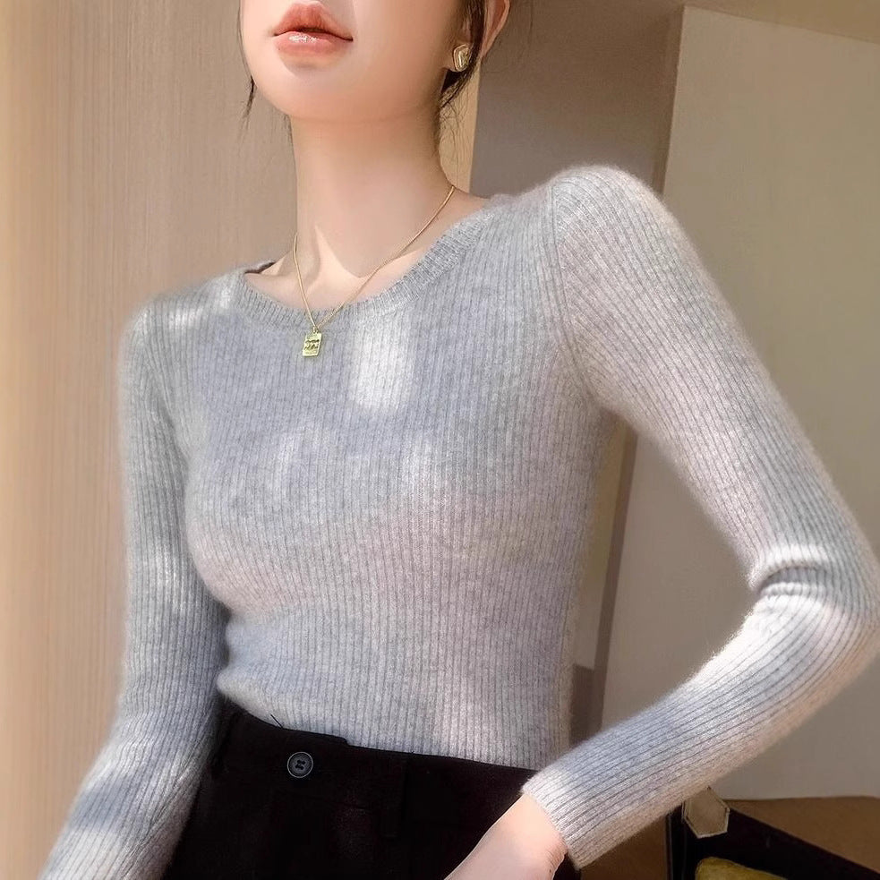 Damen feiner Rippstrickpullover mit Rundhalsausschnitt Drune