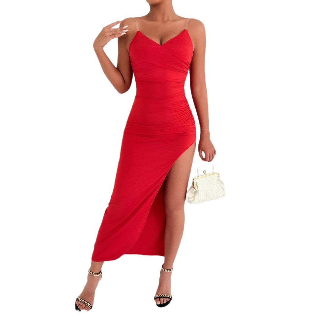 Damen Elegantes Maxikleid mit seitlichem Schlitz und feinen Trägern Drune