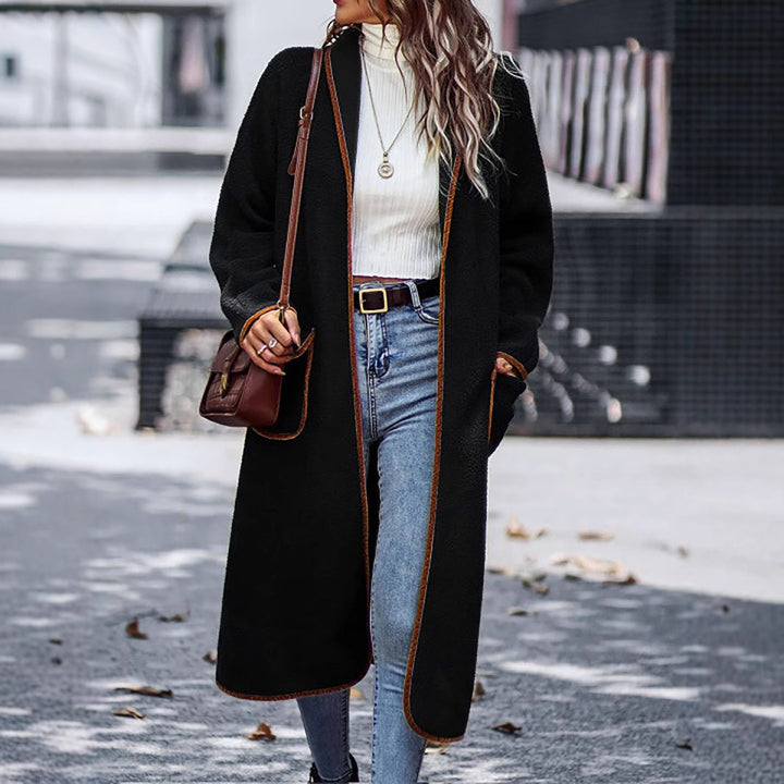 Damen eleganter, länger cardigan mit praktischem Schnitt und kontrastierenden Akzenten Drune