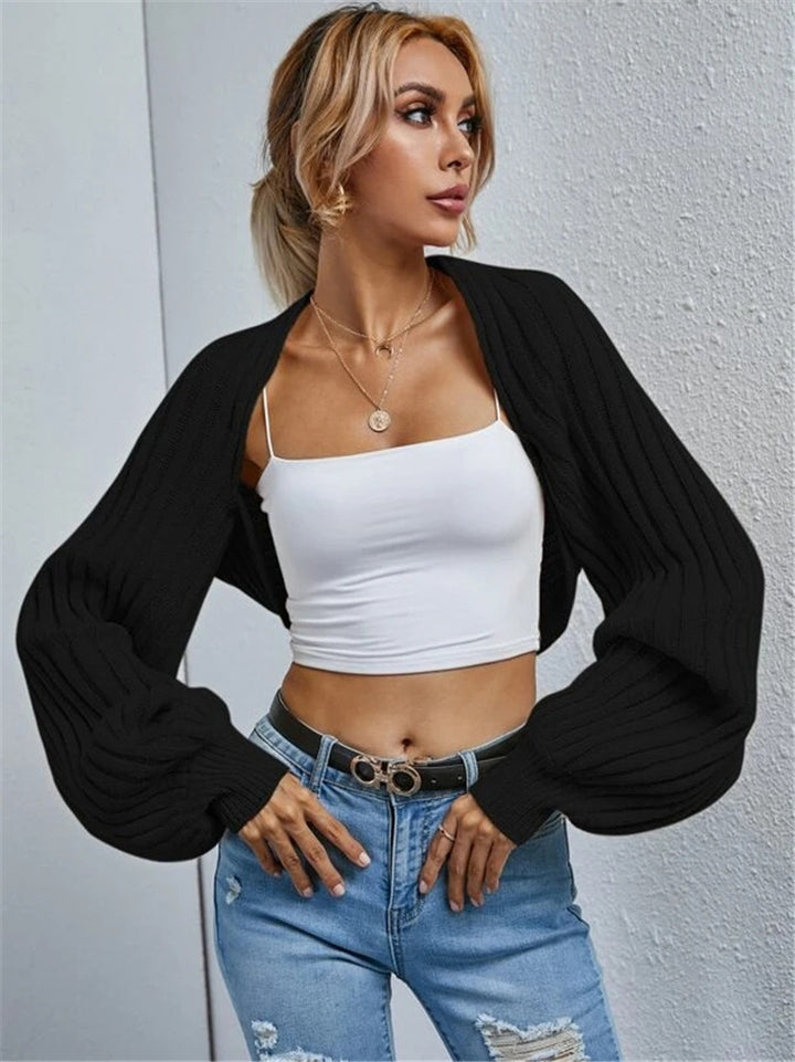 Damen lässige Strickjacke mit voluminösen Ärmeln und feinem Rippenmuster Drune