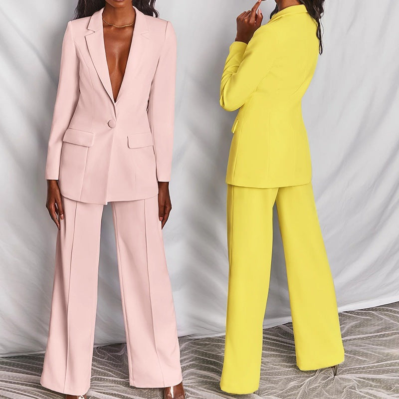 Damen nan eleganter Longline-Blazer mit tiefem V-Ausschnitt und weitem Palazzo-Hosenanzug Drune