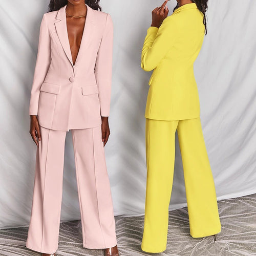 Damen nan eleganter Longline-Blazer mit tiefem V-Ausschnitt und weitem Palazzo-Hosenanzug Drune