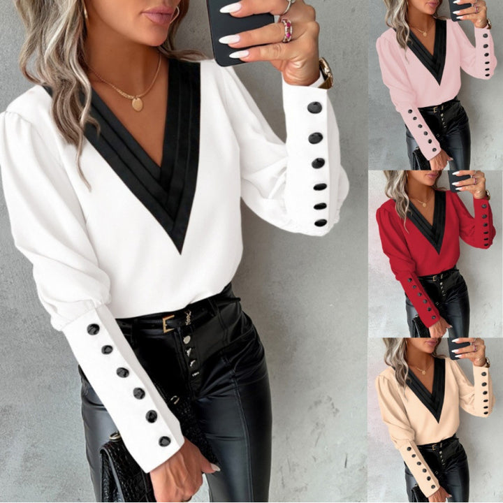 Damen Elegant geschnittene Bluse mit V-Ausschnitt und Puffärmeln Drune