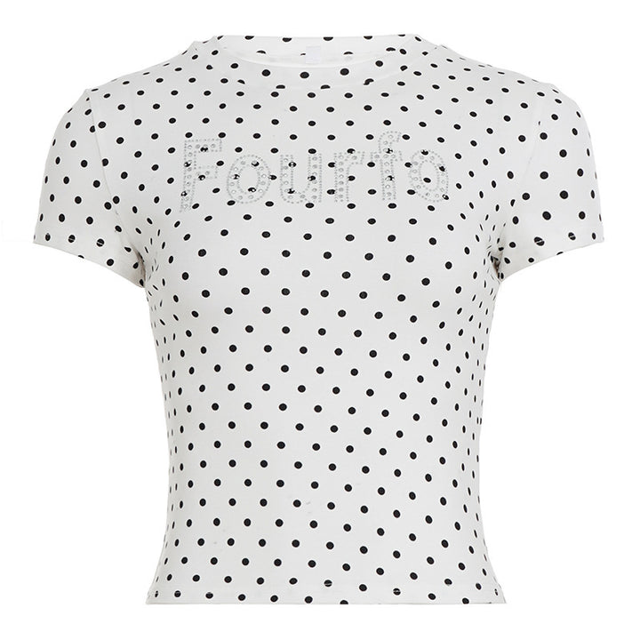 Damen Trendiges Kurzarm-Top mit Pünktchenmuster und glitzerndem Schriftzug Drune