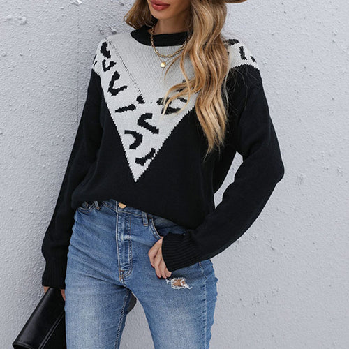 Damen lässiger Strickpullover mit kontrastierendem animalischem Muster Drune