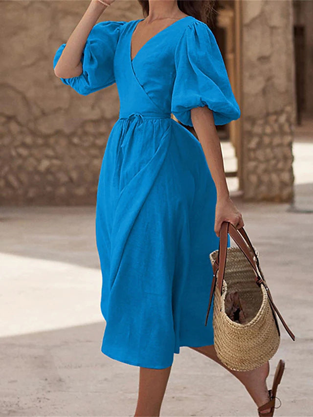 Damen Wickelkleid mit Puffärmeln und Taillengürtel Drune