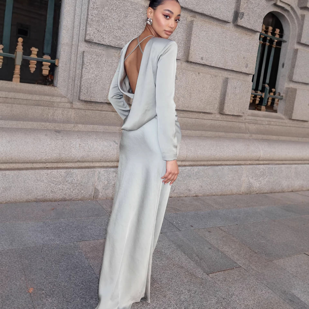 Damen Elegantes Langarmkleid mit glänzendem Satin-Obermaterial und figurbetonter Silhouette Drune