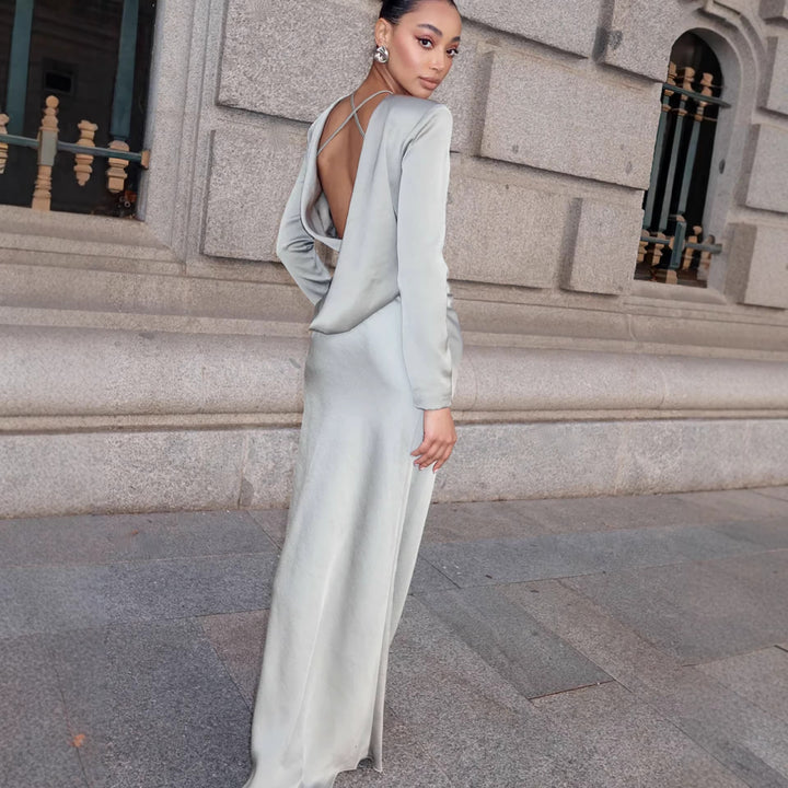 Damen Elegantes Langarmkleid mit glänzendem Satin-Obermaterial und figurbetonter Silhouette Drune