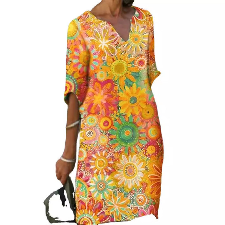 Damen lässiges Freizeitkleid mit floralen Mustern und V-Ausschnitt Drune