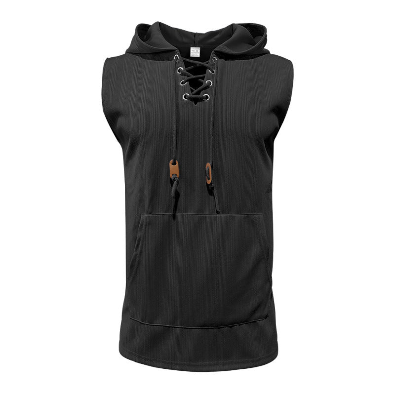 Herren ärmelloses Kapuzenshirt mit leichtem Strukturdesign und praktischen Schnürdetails Drune