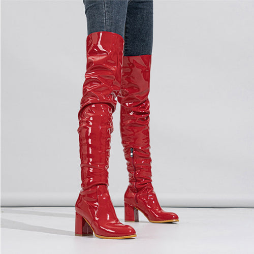 Damen Overknee-Stiefel mit modernem Falten-Design und glänzendem Finish Drune