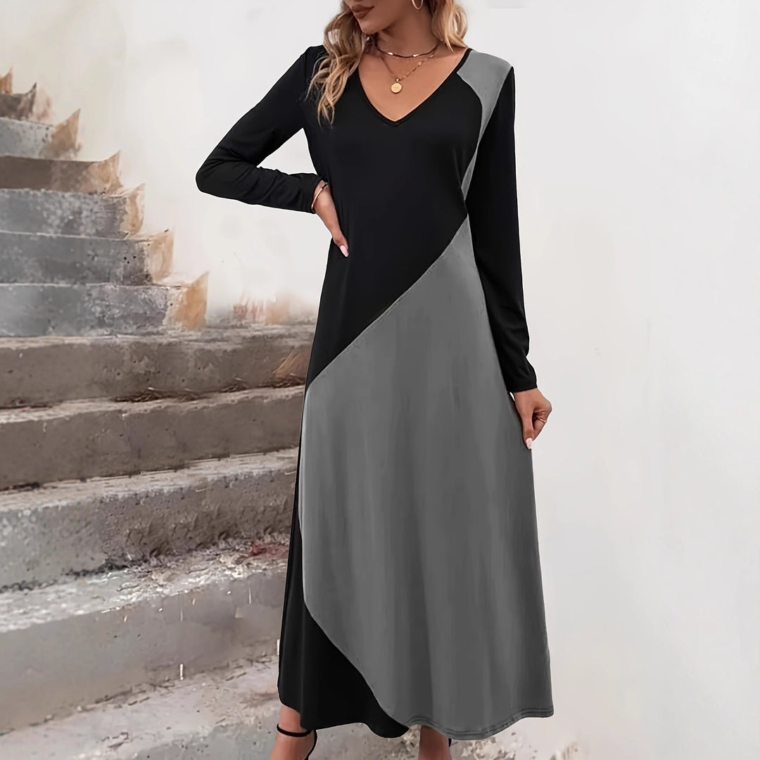 Damen figurbetontes Langarm-Kleid mit modernem Schnitt und Farbeinteilungen Drune