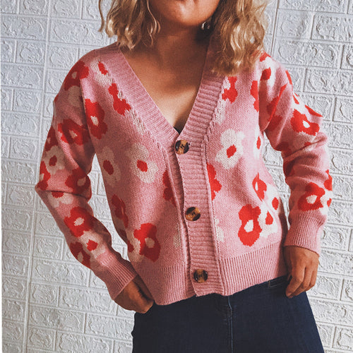 Damen Strickjacke mit floralen Mustern und dekorativen Knöpfen Drune