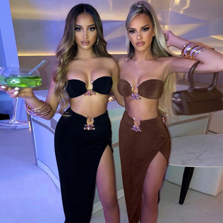 Damen Stylisches Bandeau-Top und Maxi-Rock Set mit hohem Schlitz und eleganten Details Drune
