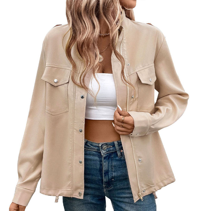 Damen leichte Overshirtjacke mit dekorativen Druckknöpfen und Brusttaschen Drune
