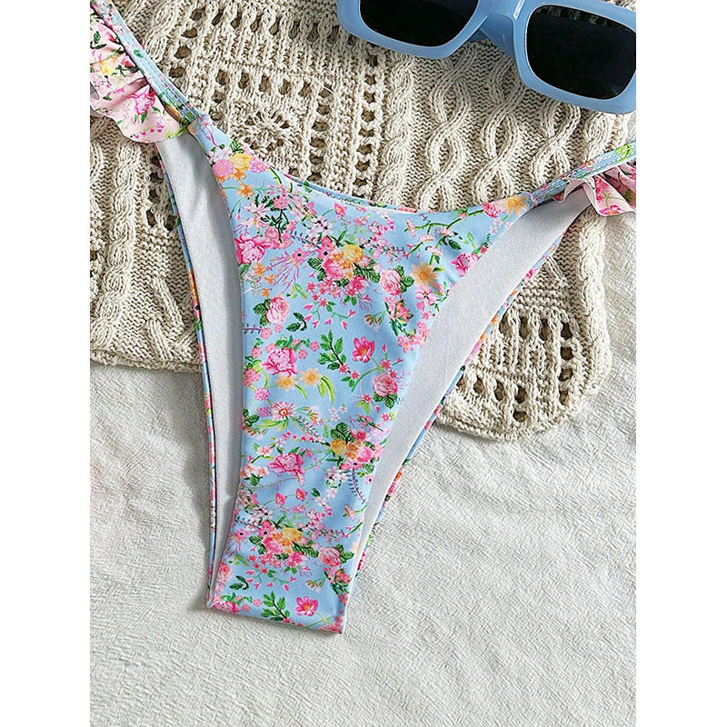 Damen Triangel-Bikini mit verspieltem Rüschendesign und floralem Muster Drune